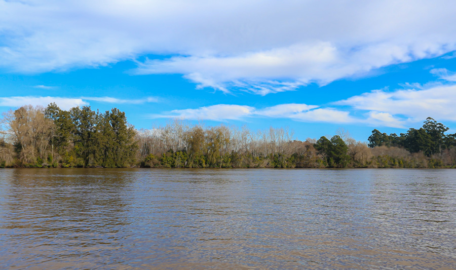 Vista aérea de Bahías del Paraná, desarrollo con chacras náuticas y acceso al río Paraná de las Palmas